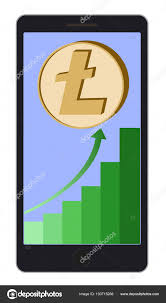 Litecoin Coin With Growth Chart On A Phone Screen Stock
