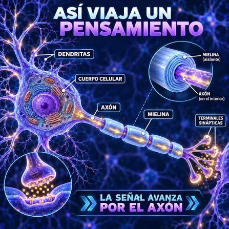 ASÍ VIAJA UN PENSAMIENTO Las dendritas reciben señales, el cuerpo celular  las integra y el impulso avanza por el axón hasta las terminales sinápticas.  La mielina ayuda a que esa transmisión sea
