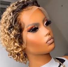 Ombre blonde pixie cut lace front human hair wig 13*1 short curly bob hair