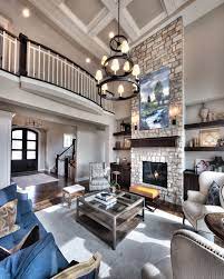 Great Room Open Floor Plan Floor To Ceiling Stone Fireplace Overlook From Upper Level High Ceiling Living Room Family Living Room Design Family Living Rooms