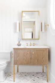 Rectangle gold ceramic vessel sink countertop basin bathroom set mixer faucet. Gold Mirror And Oak Bath Vanity With Brass Legs Transitional Bathroom