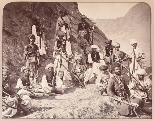 The Khan of Lalpura and followers, with political officer, 1878 | Online Collection | National Army Museum, London
