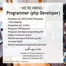 Pria/wanita pendidikan minimal d3/s1 menguasai bahasa pemograman php menguasai database mysql atau sql server menguasai konsep object. Lowongan Kerja Programmer Atmago