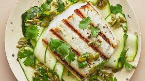 Grilled Halibut And Summer Squash With Pumpkin Seeds Recipe Halibut Recipes Pumpkin Seed Recipes Grilled Halibut