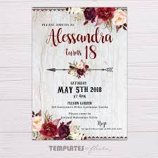 Printable 18th Birthday Card Template Bohemian Invitation Bohemian Printable Floral Invitation Marsala Burgundy Maroon P Printable Birthday Invitations Bohemian Invitation 18th Birthday Cards