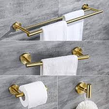 Stainless steel kitchen roll paper towel holder bathroom tissue stand rose gold. Hoooh 4 Piece Bathroom Accessories Set Stainless Steel Wall Mount Brushed Gold Includes Double Tow Toilet Paper Holder Hand Towel Rack Bathroom Accessory Set