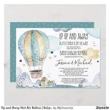 Up And Away Hot Air Ballon Baby Shower By Mail Invitation Zazzle Com In 2021 Hot Air Balloon Baby Shower Invitations Virtual Baby Shower Invitation Hot Air Balloon Baby Shower