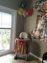 This chair seats two and looks like mickey mouse. Mickey Mouse High Chair Decoration And 1 Poster Of Pictures Mickey Mouse First Birthday Mickey Birthday Party Mickey Birthday