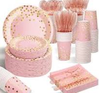 AIRE 175PCS Pink Rose Gold Plates Party Supplies Severs 25 Guests  Disposable Party Decorations, Plastic Forks Knives Spoons, Golden Dot Paper  Plates ...
