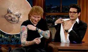 Mayer wrote the song himself and first teased it on his tiktok account in late march 2021. John Mayer And Ed Sheeran Get Tattoos Designed By Each Other On The Late Late Show Daily Mail Online