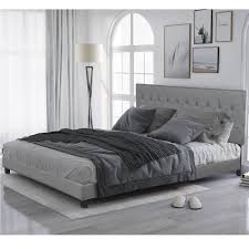 King size gray platform upholstered bed frame with button tufted arch headboard. King Size Linen Upholstered Platform Bed Frame Gray
