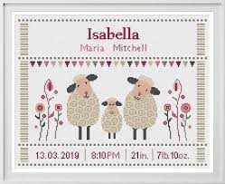 Designed for 14 count white aida, but will work fine for any count or colour pattern info: Cross Stitch Pattern Baby Birth Sampler Sheep Pink Birth Etsy In 2021 Cross Stitch Patterns Birth Sampler Cross Stitch Cross Stitch
