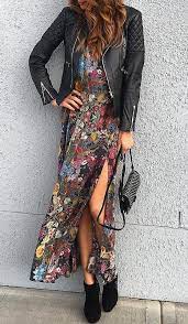 Black Leather Jacket Over Print Maxi Dress Fashion Perfect Spring Outfit Autumn Fashion
