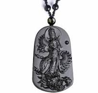 Natural black obsidian dragon goddess of mercy Guanyin Kwan-yin necklace  pendant