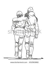 Sketch Of Two Girls Friends Walk Embracing View From Behind Hand Drawn Illustration Line Art Friends Illustration Drawing People Human Sketch