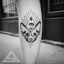 The best tattoo pictures for sphinx tattoos. Mysterious Dot Style Leg Tattoo Of Sphinx Cat With Pyramid And Eye Tattooimages Biz