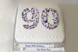 90th birthday celebration background with gold foil balloons and golden pineapples. Happy 90th Birthday Cake With Name