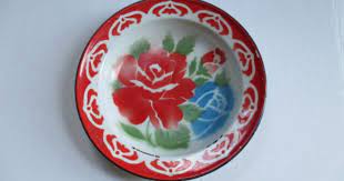Enameled mixing bowl with floral print. Vintage Enamelware Stenciled Bowl Roses Red Blue Green White Floral Design Vintage Enamelware Enamelware Vintage