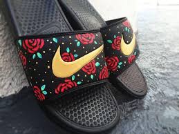 Black And Gold Nike Slides Nike Slide Custom Red Roses Nike Flip Flops Mens Nike Sandals Slide Sandals