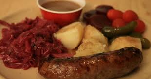 Grilled Medisterpolse Danish Style Sausage Served With Boiled Potatoes Brown Gravy Red Cabbage And Pickled Vegetables Danish Cuisine Danish Food Sausage