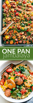 One Pan Jambalaya Is An Easy 30 Minute Meal Of Oven Roasted Seasoned Sausage Shrimp Veggies And Rice All Cooked Together O Sheet Pan Recipes Meals Recipes