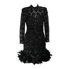 Travilla Black Sequin Beaded Cocktail Dress With Feather Hem Size Small Medium Feather Cocktail Dress Cocktail Dress Lace Sequin Cocktail Dress