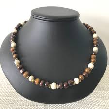Brown And Beige Wood Beaded Mens Necklace Gemstone Beaded Necklace Wood Bead Necklace Men S Necklace