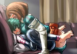 raitaroo, midoriya izuku, uraraka ochako, boku no hero academia, tagme,  1boy, 1futa, anal, barefoot, closed eyes, cosplay, costume switch,  crossdressing, futa with male, futanari, implied futanari, male penetrated,  missionary, sex, toe scrunch -