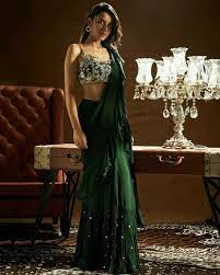 Ootd Online Clothing Stores Near Me Green Color Party Wear Georgette Pearl And Sequence In Big Ruffel Fashion Designer Saree For Woman Rj Fashion