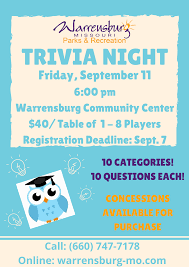 Looking for parks and recreation trivia? Warrensburg Parks And Rec Join Us For Trivia Night On September 11 At The Community Center This Fun Family Friendly Event Will Feature 10 Categories With 10 Questions Each And It S Only
