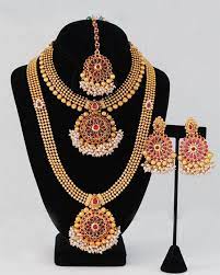 Flower Design Maroon Bridal Long And Short Necklace Temple Jewelry Set Short Necklace Temple Jewelry Necklace Temple Jewellery