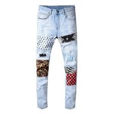 Men S Stars Printed Leopard Patchwork Rivet Slim Jeans Light Blue Holes Ripped Skinny Stretch Denim Stretch Denim Pants Black Jeans Men Hip Hop Jeans