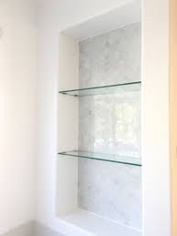 Eggshell Home Master Bathroom Custom Glass Shelves Marble Tile Niche Side Bathroom Glass Wall Glass Shelves In Bathroom Master Bathroom Update
