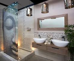 Asian Style Master Bathroom With Pendant Lights Zen Bathroom Decor Spa Bathroom Decor Spa Bathroom Design