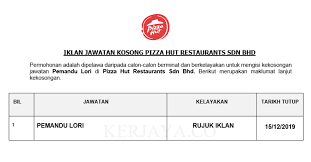 Pizza hut restaurants sdn bhd tower 1 vsquare @pj city centre level 7 jalan utara, 46200 petaling jaya, selangor darul ehsan tel 603. Pizza Hut Restaurants Sdn Bhd Kerja Kosong Kerajaan