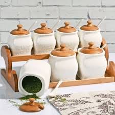 Bambu Standli 7 Li Porselen Baharatlik Takimi Bambu Baharat Mutfak
