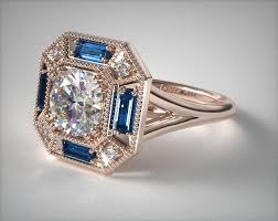 14k Rose Gold Sapphire Baguette Milgrain Halo Engagement Ring White Gold Gemstone Ring Vintage Engagement Rings Yellow Gold Gemstone Rings