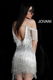 Jovani 61886 Silver Embellished Fringe Open Back Dress Beaded Dress Short Short Dresses Dresses