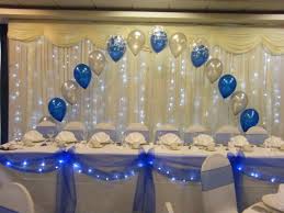 Wedding Top Table Arch Swags And Bows With Lights And Chair Covers Royal Blue And Silv Silver Wedding Decorations Blue Wedding Decorations Wedding Decorations