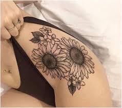 Black And White Floral Thigh Tattoo Sunflower Tattoo Designs Black And White Spiritualtattoos Click For More Sunflower Tattoo Thigh Thigh Tattoos Women Sunflower Tattoo Sleeve