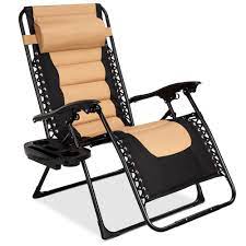 Some zero gravity chairs easily fold away for storage, while others are designed to resist. Best Choice Products Oversized Padded Zero Gravity Chair Folding Outdoor Patio Recliner W Headrest Side Tray Tan Walmart Com Walmart Com