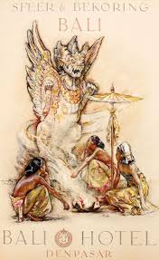 Willem Gerard Hofker Poster Voor Het Bali Hotel Te Denpasar Drie Balinese Meisjes Voor Een Tempelbeeld Indische Schilderijen Vintage Posters Denpasar