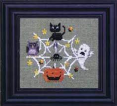 Owl cross stitch winter owl. Bent Creek Find Your Way To Halloween Black Cat Owl Ghost Spider Pumpkin Spider Web Cross Stitch Pattern