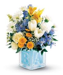 Teleflora Crystal Baby Block Boy New Baby Flowers Flower Arrangements Baby Shower Flowers