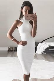 Sheath High Neck Knee Length White Stretch Satin Homecoming Dress Bodycon Dress Homecoming White Homecoming Dresses Night Dress