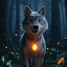A CGI animated grey wolf with orange eyes and an orange collar, with a  glowing yellow gem, stands in a dark forest with fireflies.
