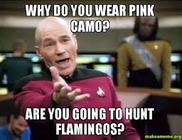 Why Do You Wear Pink Camo Are You Going To Hunt Flamingos Annoyed Picard Make A Meme Just For Laughs Funny Hilarious