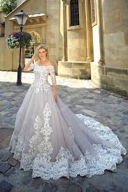 Vicky Luxury Lace Wedding Dress Light Gray Ivory Devotiondresses Com Grey Wedding Dress Wedding Dresses Romantic Wedding Dresses Satin