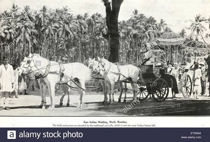 Old vintage 1900s Indian Wedding bride and groom in horse cart under traditional umbrella , Worli , Bombay , Mumbai , Maharashtra , India , Asia Stock Photo - Alamy