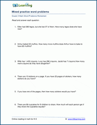 Word problems involving equal groups, arrays, and measurement quantities can be used to build students' understanding of and skill with multiplication and division, as well as to allow students to demonstrate their understanding of and skill with these operations. Grade 3 Mixed Word Problems K5 Learning